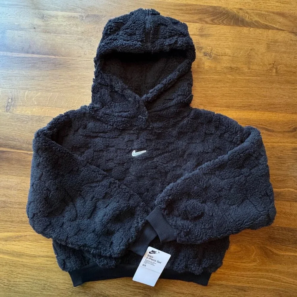 NIKE Cozy Faux Fur Fleece Set Girls 6-7 6X NWT Black Sweat Suit NEW Pants Hoodie - Picture 2 of 16